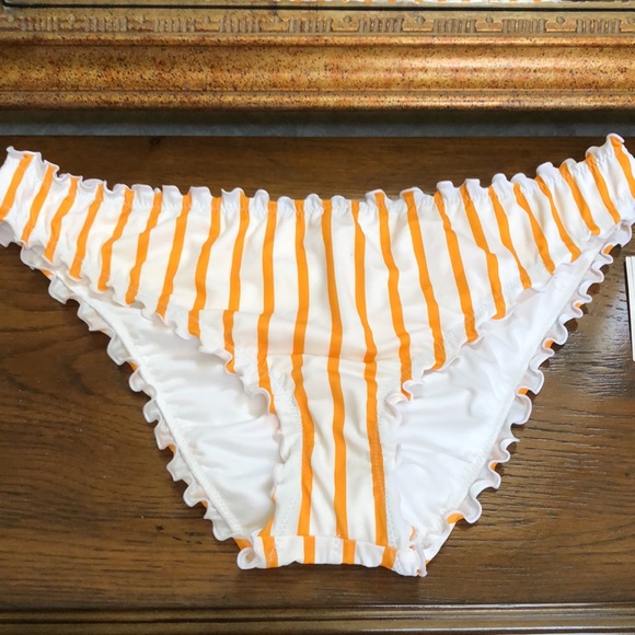 New Women’s striped bikini bottom. Size XL (16-18). Orange/white. Ruffled edge. - Picture 1 of 11